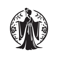 Graceful Hanfu Dress Vector Silhouette – Ancient Chinese Traditional Attire, Flowing Robes, Elegant Patterns, Cultural Heritage, and Timeless Beauty in Minimalist Art.
