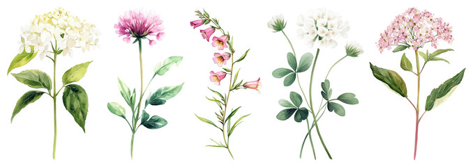 PNG Elegant watercolor floral illustrations, element set on transparent background