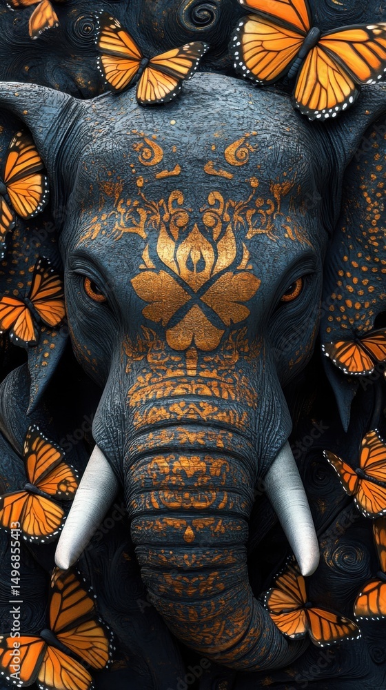 Poster a captivating visionary digital portrait of an elephant adorned with intricate abstract golden patte