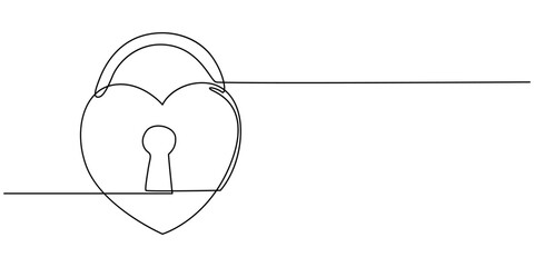 Heart-shaped lock and key in continuous one line drawing. Symbolizing love, trust, and security, Love lock on bridge one line art vector, Continuous line drawing. Lock and key. Heart shape. Valentine