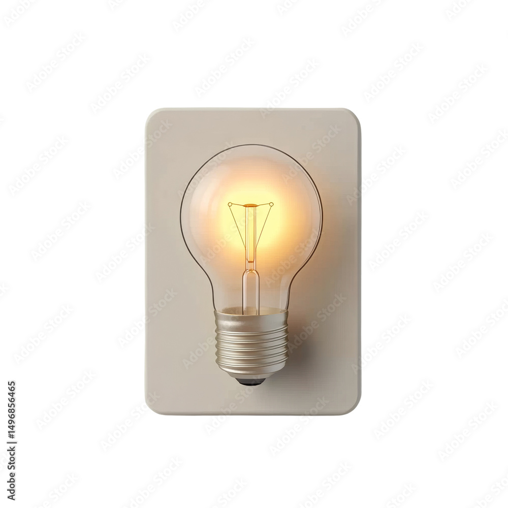 Poster glowing retro light bulb affixed to a neutral-toned plate on a plain background