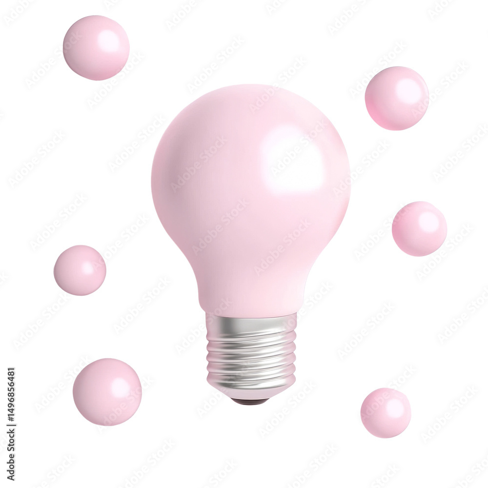 Poster Pink light bulb with shiny floating spheres, modern and minimal design