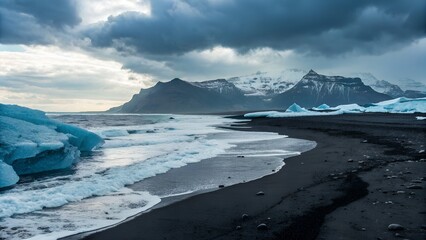 icy glacier landscape under dramatic sky blue ice texture black sand contrast wild nature