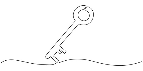 Ancient key continuous one line drawing. Hand drawn private security symbol. Vector illustration isolated on white, Continuous line drawing of a key is suggesting concepts of security and access.