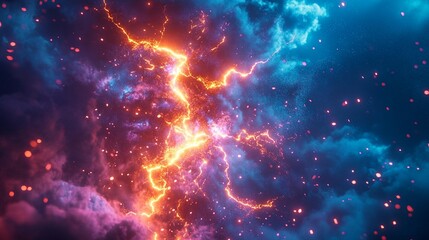 Fototapeta premium Fiery and icy storm with vibrant energy. A powerful display of contrasted colors and lightning strikes, filled with particles