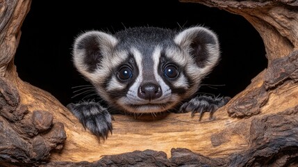 Obraz premium Cute Ringtail Kitten in Log Hole.