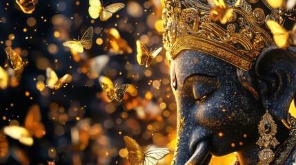 Obraz premium A richly adorned and intricately decorated deity idol surrounded by a shower of golden sparkles and glittering ornaments captured in a serene and contemplative pose