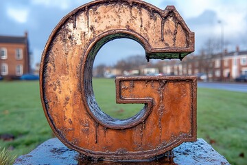 Weathered bronze letter G sculpture in urban setting AI generated