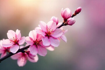 Fototapeta premium A blossoming branch with delicate pink flowers, symbolizing new beginnings and romantic growth; perfect for dating app or website imagery , sweet, petals