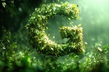 Giant natural letter G sculptures in forest landscape AI generated