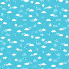 Cute cartoon white clouds on light blue sky. Doodle seamless pattern vector. Minimal wallpaper. Design for fabric, textile, cloth, shirt, skirt, dress, bedsheet, pajama, clothing, sticker.