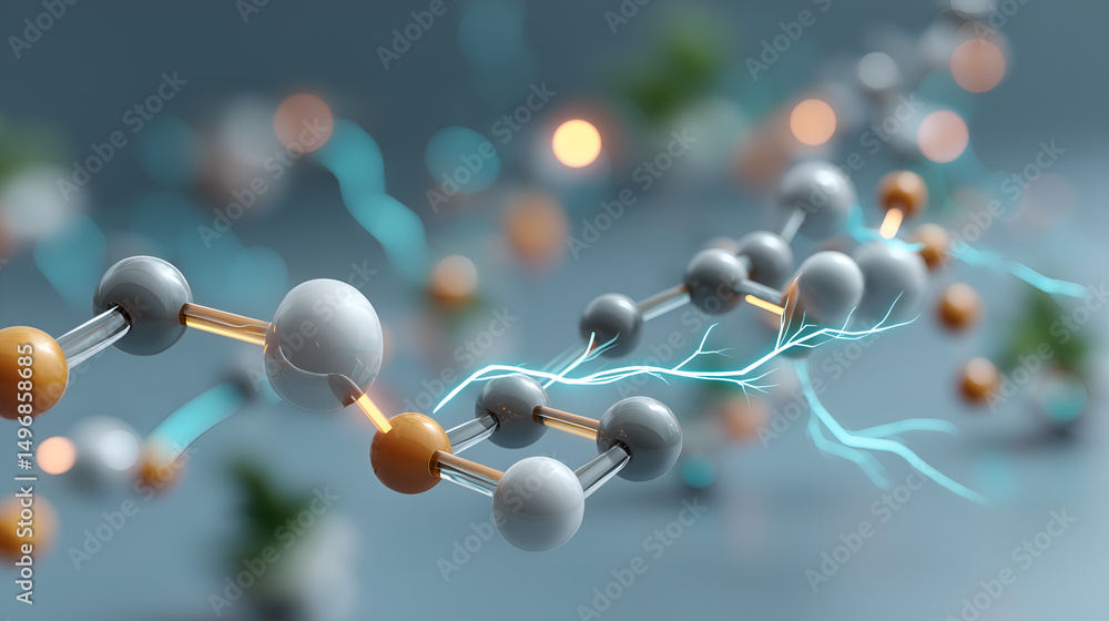 Poster molecular structure composition of abstract molecules, illustrating scientific concepts with interco