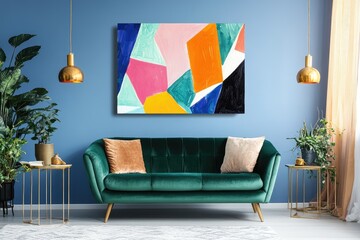 Colorful abstract art piece on a teal wall, with a teal couch and gold pendant lights