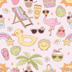 Groovy Summer Seamless Pattern Isolated Hand Drawn Design for Fabric Digital paper Vector