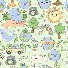 Pastel Earth Day Seamless Pattern Isolated Hand Drawn Design for Fabric Digital paper Vector