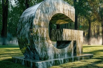 Monumental sculpted letter G in morning forest light AI generated