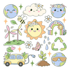 Groovy Earth Day Doodle Cartoon Style Hand Drawn Elements Vector
