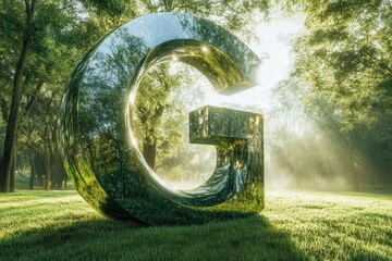 Monumental sculpted letter G in morning forest light AI generated