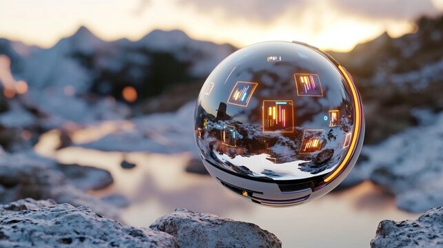 Floating sphere reflecting mountain landscape, glowing interface