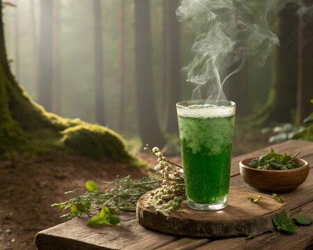 magical herbal elixir drink in green shades with wild herbs and steam rustic wooden table forest ambient background