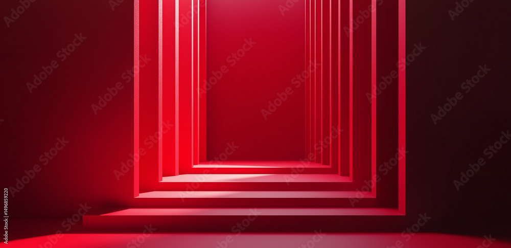 Poster at the end of a red corridor, a beam of light illuminates the steps, creating a mysterious and capti