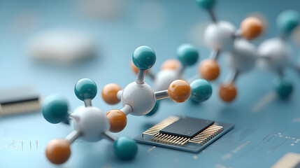 close-up view of molecular structure, showcasing interconnected atoms and bonds with circuit board