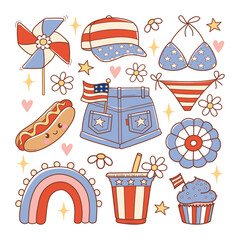 Retro 4th of July or Independence Day Doodle Cartoon Style Hand Drawn Elements Vector