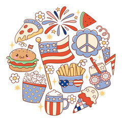 Retro 4th of July or Independence Day Doodle Cartoon Style Hand Drawn Elements Vector