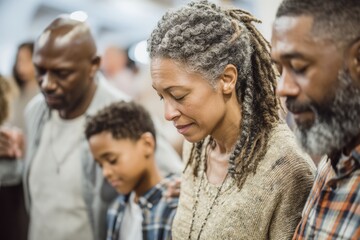 Multi-Generational African American Family Praying Together, Symbolizing Faith, Unity, and Intergenerational Support for Marketing Campaigns : Generative AI
