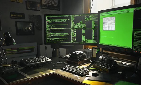 A cluttered tech workspace with multiple monitors displaying code and green screens, showcasing productivity