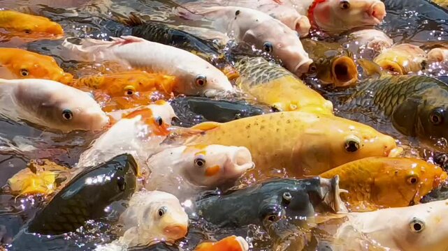 A group of koi fish is competing for food on the surface of the water. Cyprinus carpio