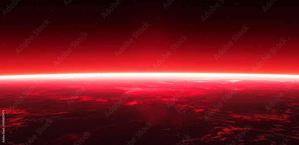 Poster red light shines at the edge of the planet, illuminating the barren surface, creating a mysterious a