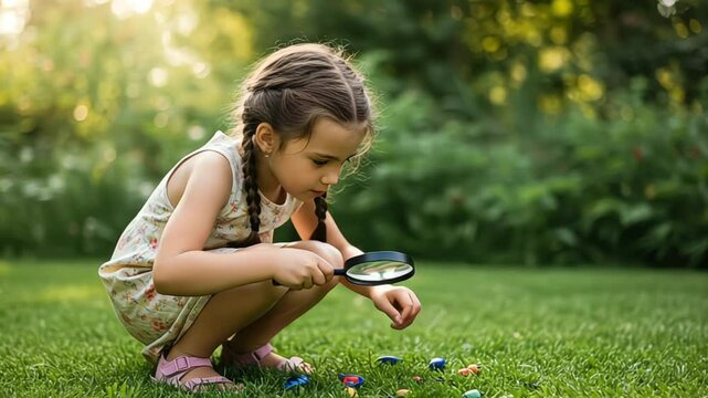 Little girl exploring nature with magnifying glass on green grass