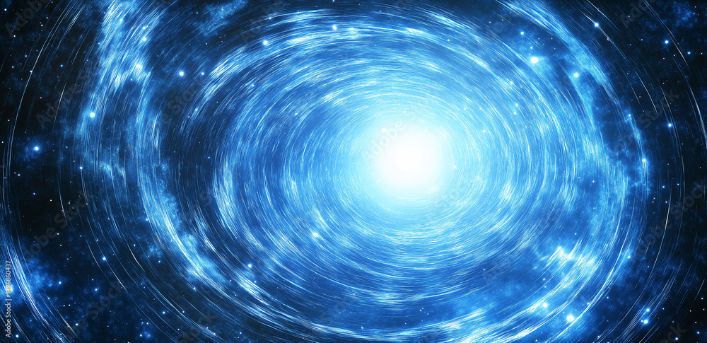 Poster a blue cosmic tunnel with a dazzling light at the center, creating a mysterious and profound sci-fi 