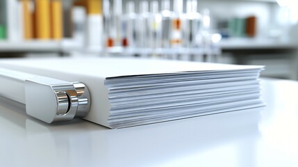 A close perspective of a steel combination lock securing a stack of medical research papers, with blurred laboratory equipment and test tubes in the background