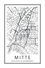 Hand drawn printable downtown road map poster of borough MITTE of the German city of BIELEFELD on solid white background with city name