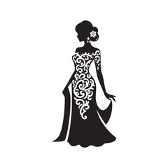 Fototapeta premium Graceful Kebaya Dress Vector Silhouette – Traditional Indonesian and Malaysian Attire, Delicate Lace Patterns, Elegant Fit, Cultural Symbolism, and Classic Beauty in Art. 