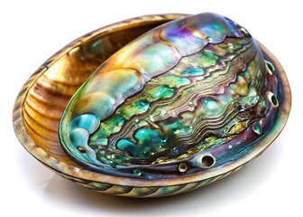 Close up of a vibrant abalone shell displaying iridescent colors and textures isolated on white background