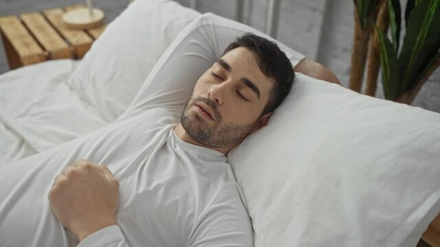 Young man sleeping peacefully in a cozy bedroom on a white bed with a serene expression and relaxed posture under soft indoor lighting.