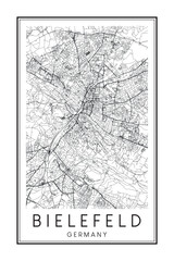 Hand drawn printable downtown road map poster of the German city of BIELEFELD on solid white background with city name