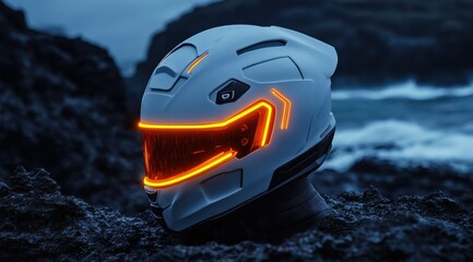 Futuristic white helmet with orange LED accents rests on dark rocks near a stormy ocean
