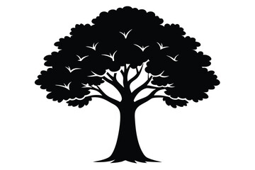 Fototapeta premium A large tree silhouette with many birds flying around it in nature