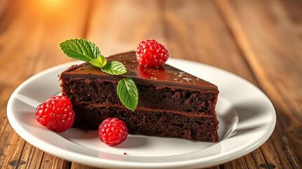 Delicious chocolate cake slice garnished with fresh raspberries and mint leaves