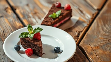 Delicious chocolate cake slices with berries and mint on a rustic wooden table setting