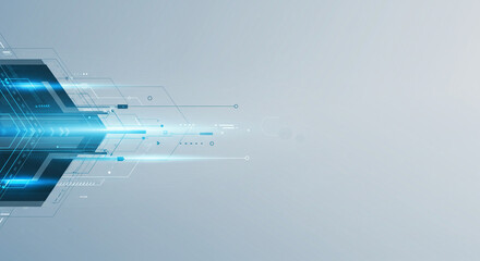 Abstract technology background with circuit board and glowing lines on a light gray backdrop