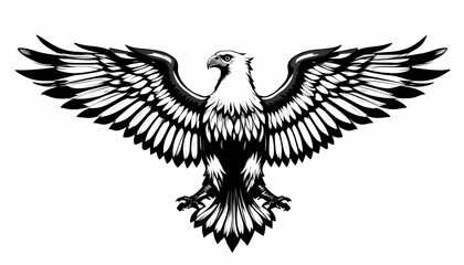 Obraz premium Black and White Eagle with Wings Spread Wide – Majestic Bird Tattoo Design, Detailed Vector Animal Illustration, Symbol of Power and Freedom