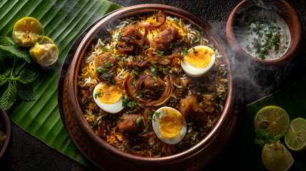 A delicious dish of biryani is beautifully presented, garnished with lemon slices and eggs, with some dipping sauce