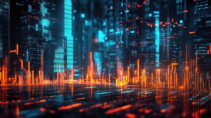 Fototapeta premium Digital Metropolis: A futuristic cityscape of glowing skyscrapers and data streams.