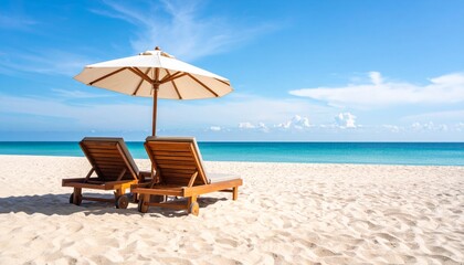 Fototapeta premium Relaxing beach chairs and umbrellas on the sand by the tropical blue ocean, inviting summer vacation