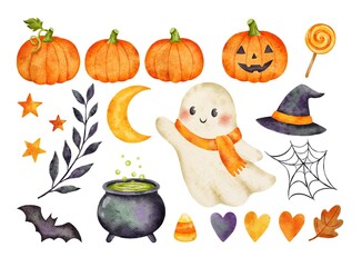 Watercolor Halloween set with themed elements - pumpkins, ghost, witch's hat and cauldron, sweets, moon, stars, hearts, leaves, bat, spider web. Hand drawn Halloween cute and funny illustration.